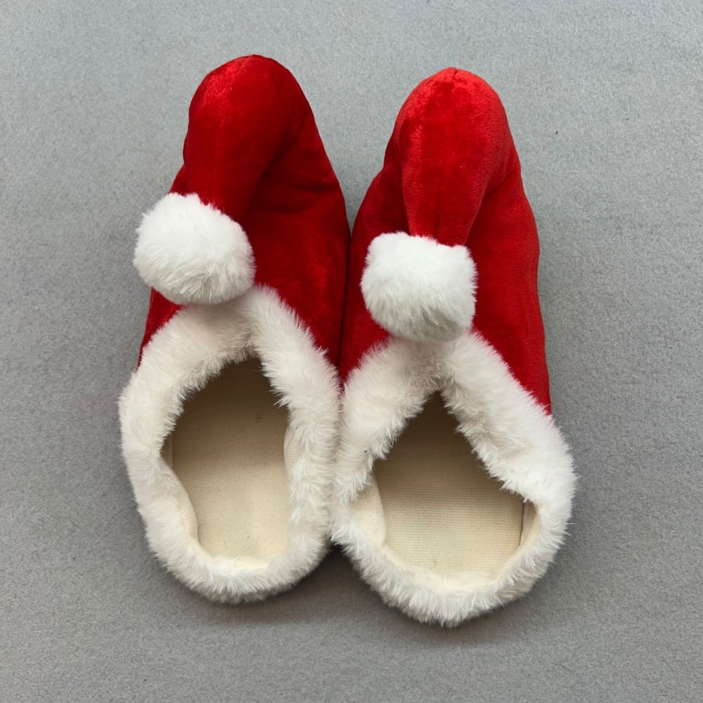 Santa Hat Slippers Red White Christmas Holiday Plush House Shoes Non-Slip 10in